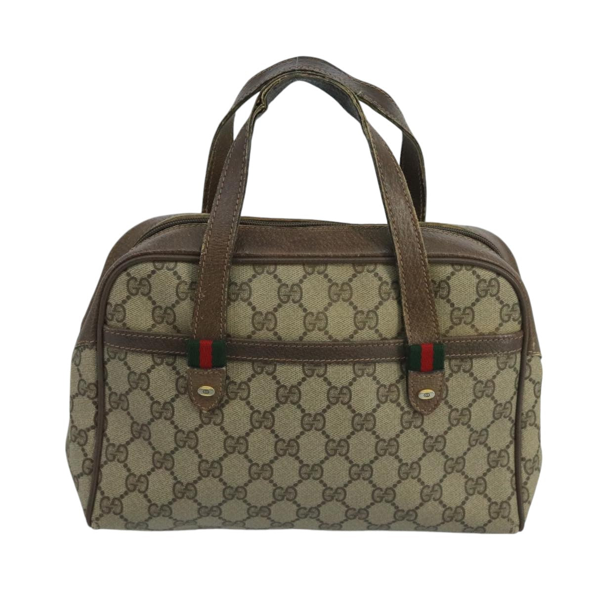 GUCCI GG Supreme Web Sherry Line Hand Bag PVC Beige Green Red Auth 99695