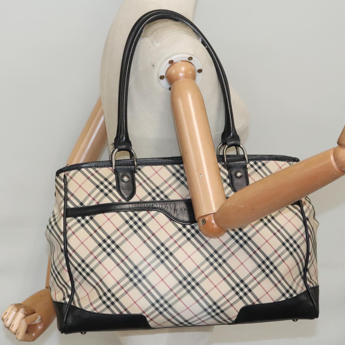 BURBERRY Nova Check Tote Bag Canvas Beige Black Auth 99700