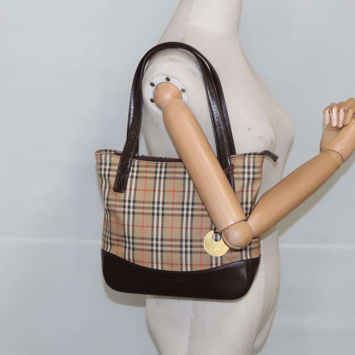 BURBERRY Nova Check Tote Bag Canvas Beige Gold Auth 99701