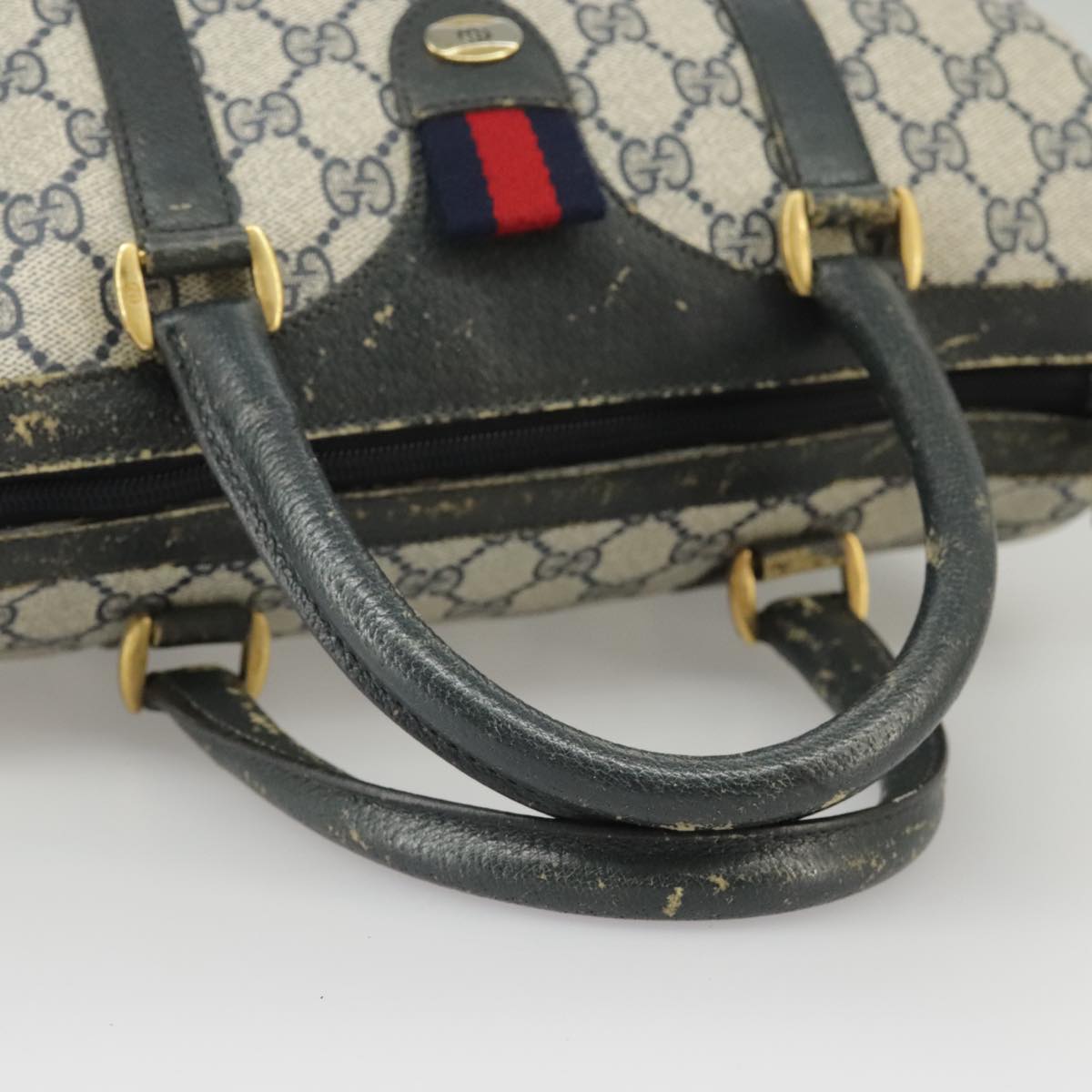 GUCCI GG Supreme Sherry Line Hand Bag PVC Navy Gold Red 39 02 006 Auth 99703