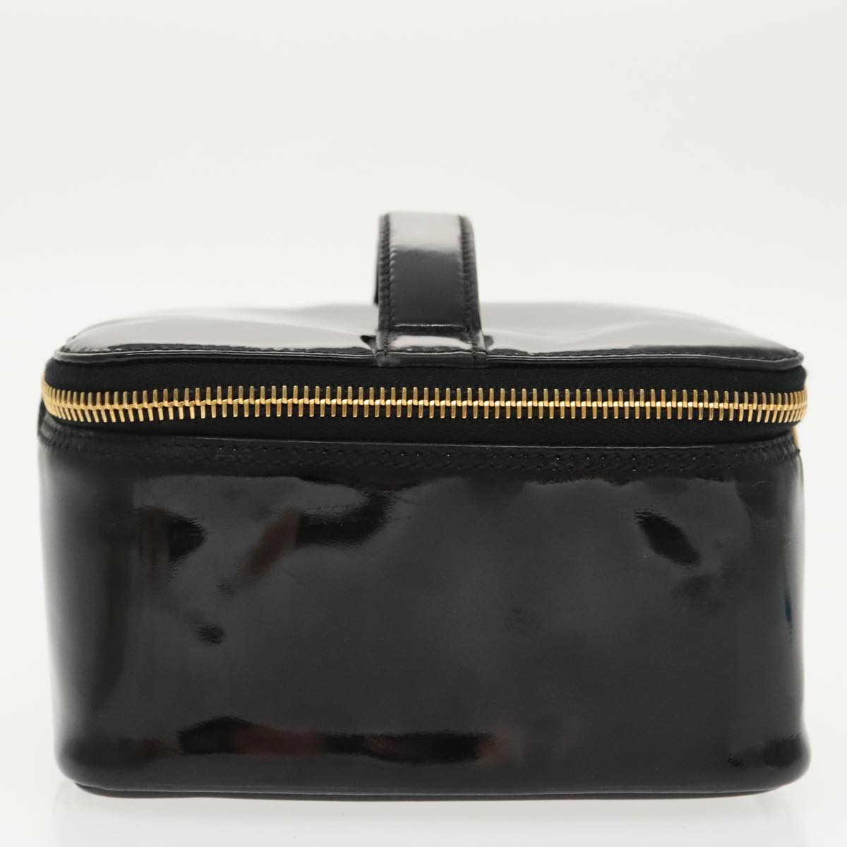 CHANEL Vanity Cosmetic Pouch Patent leather Black Gold CC Auth 99706