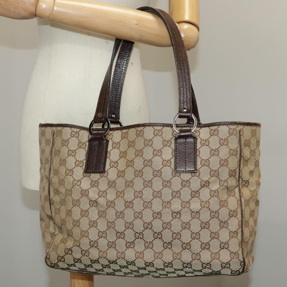 GUCCI GG Canvas Tote Bag Beige Silver 113017 Auth 99729