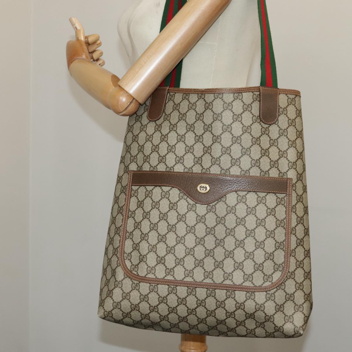 GUCCI GG Supreme Web Sherry Line Tote Bag PVC Red Beige 123 02 003 Auth 99732