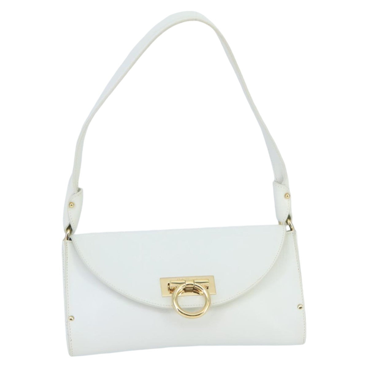 Salvatore Ferragamo Gancini Shoulder Bag Leather White Gold Auth 99736