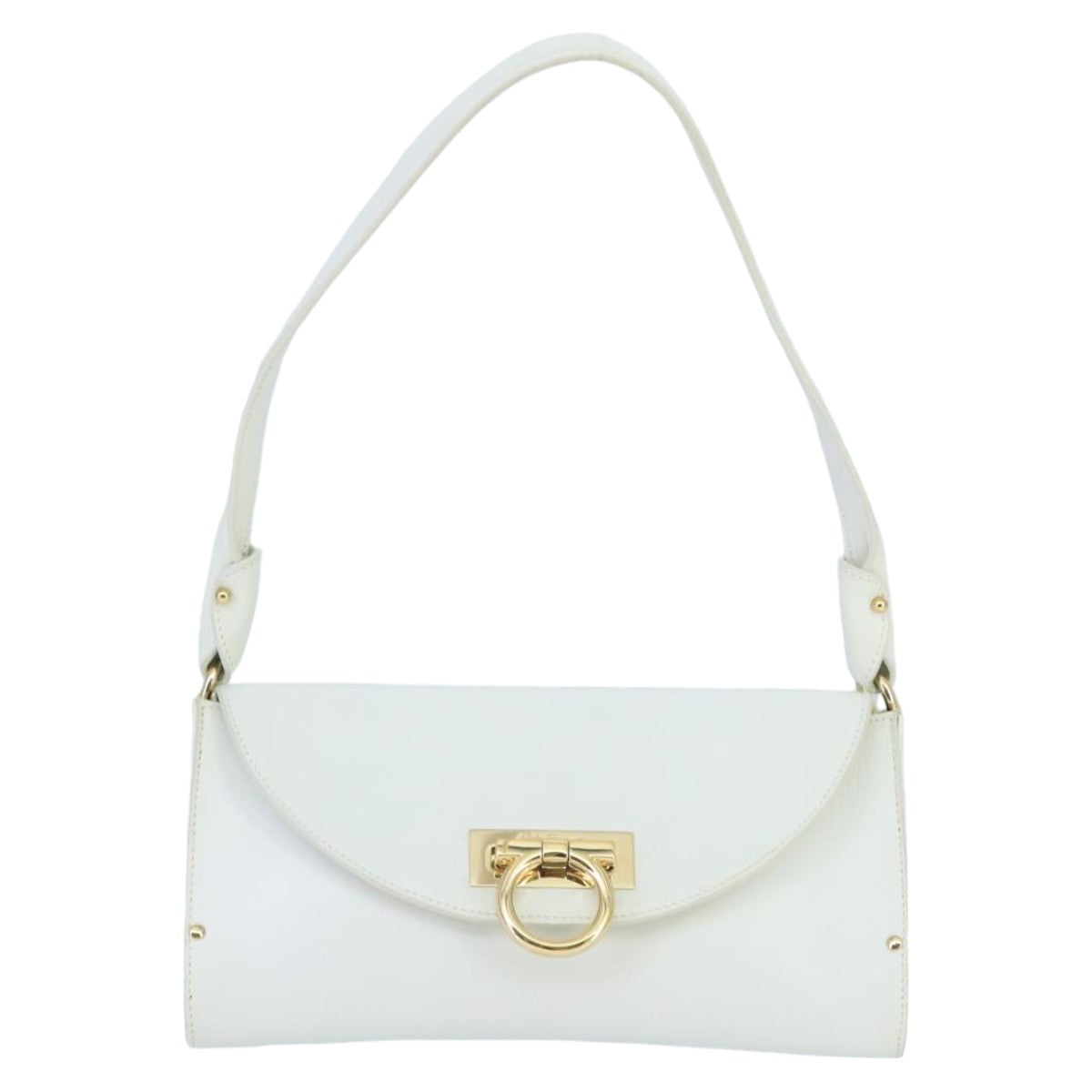 Salvatore Ferragamo Gancini Shoulder Bag Leather White Gold Auth 99736