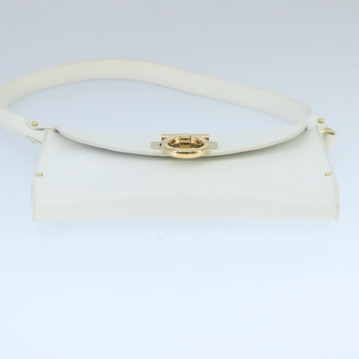 Salvatore Ferragamo Gancini Shoulder Bag Leather White Gold Auth 99736