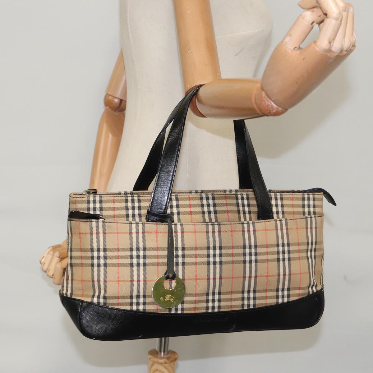 BURBERRY Nova Check Hand Bag Canvas Beige Black Auth 99751