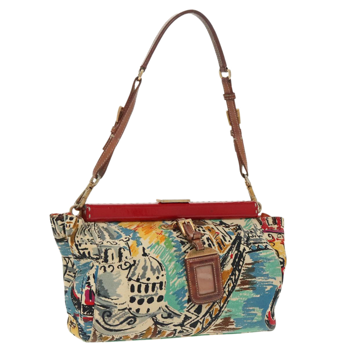 PRADA Shoulder Bag Canvas Multicolor Gold Auth 99767