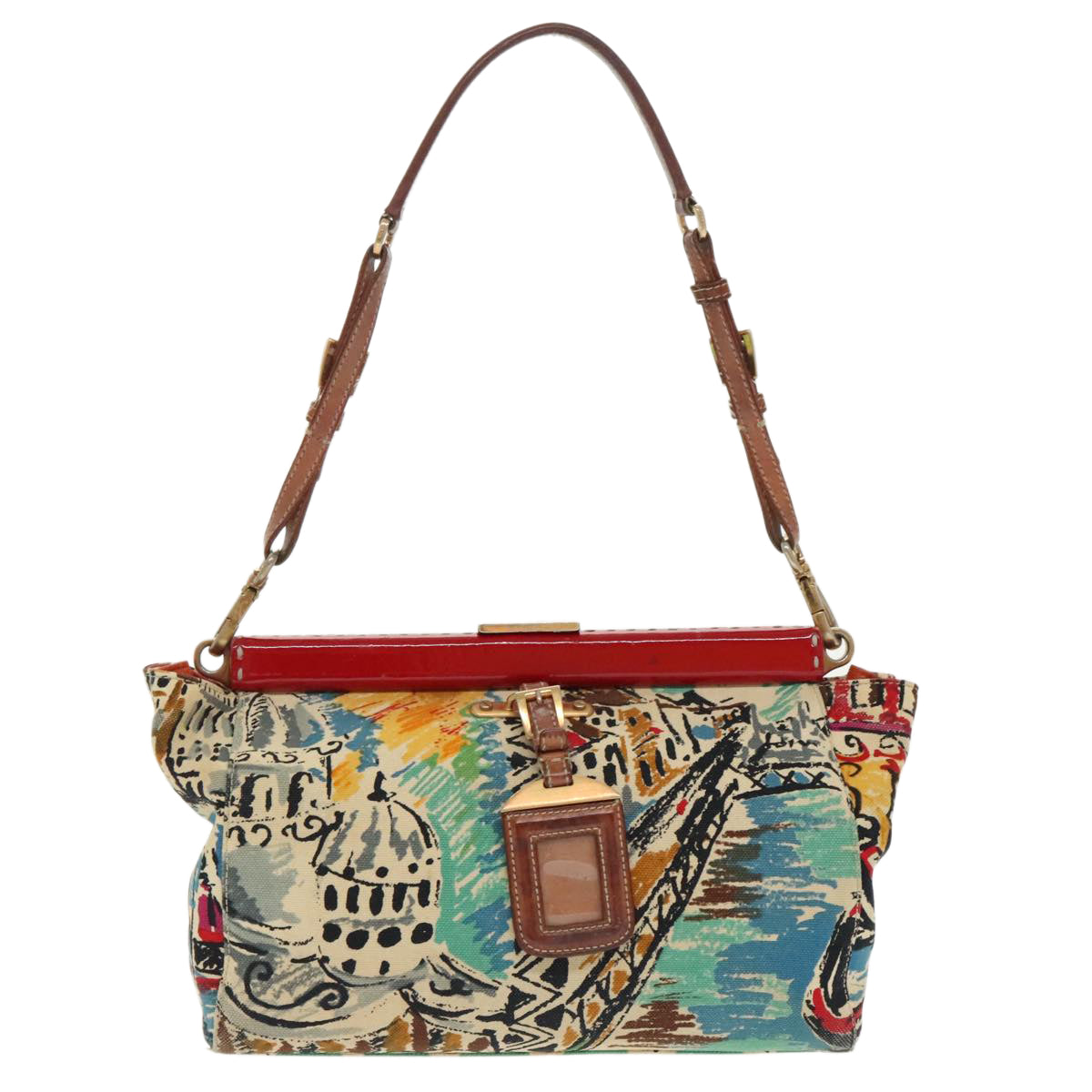 PRADA Shoulder Bag Canvas Multicolor Gold Auth 99767