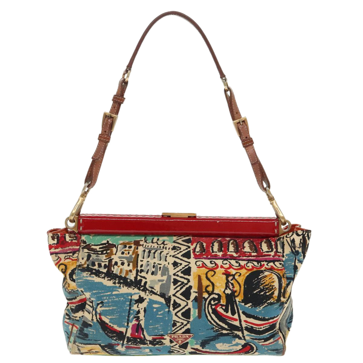 PRADA Shoulder Bag Canvas Multicolor Gold Auth 99767 - 0