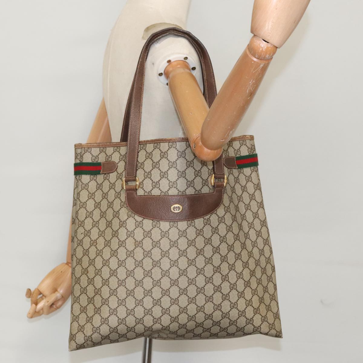 GUCCI GG Supreme Web Sherry Line Tote Bag PVC Beige Red 39 02 091 Auth 99795