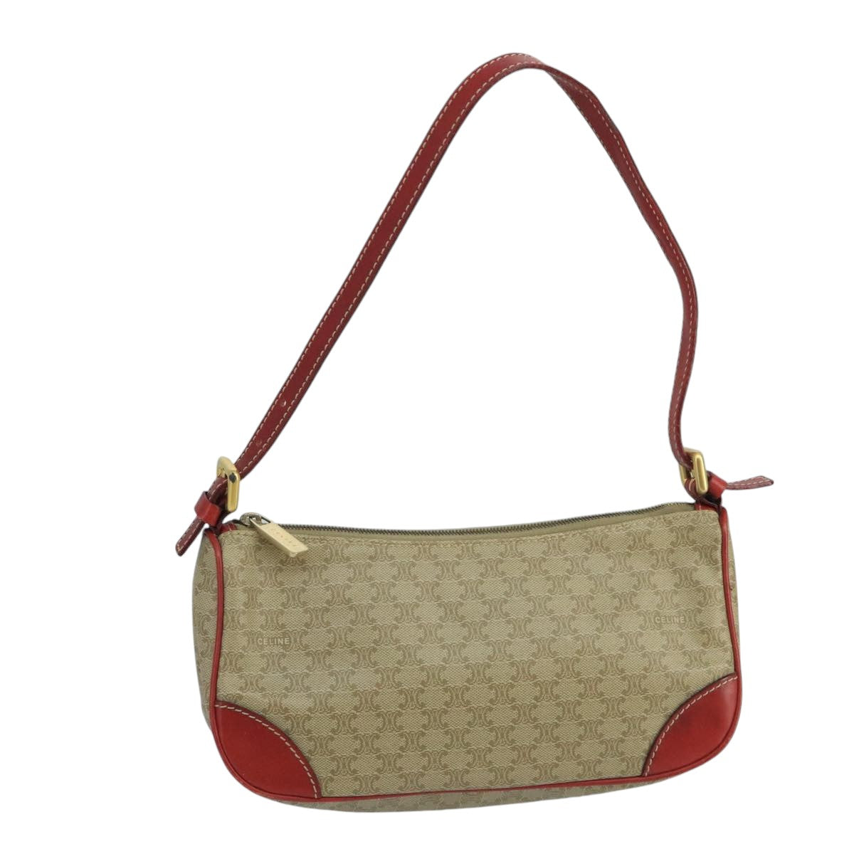 CELINE Macadam Canvas Hand Bag PVC Leather Beige Red Auth 99836