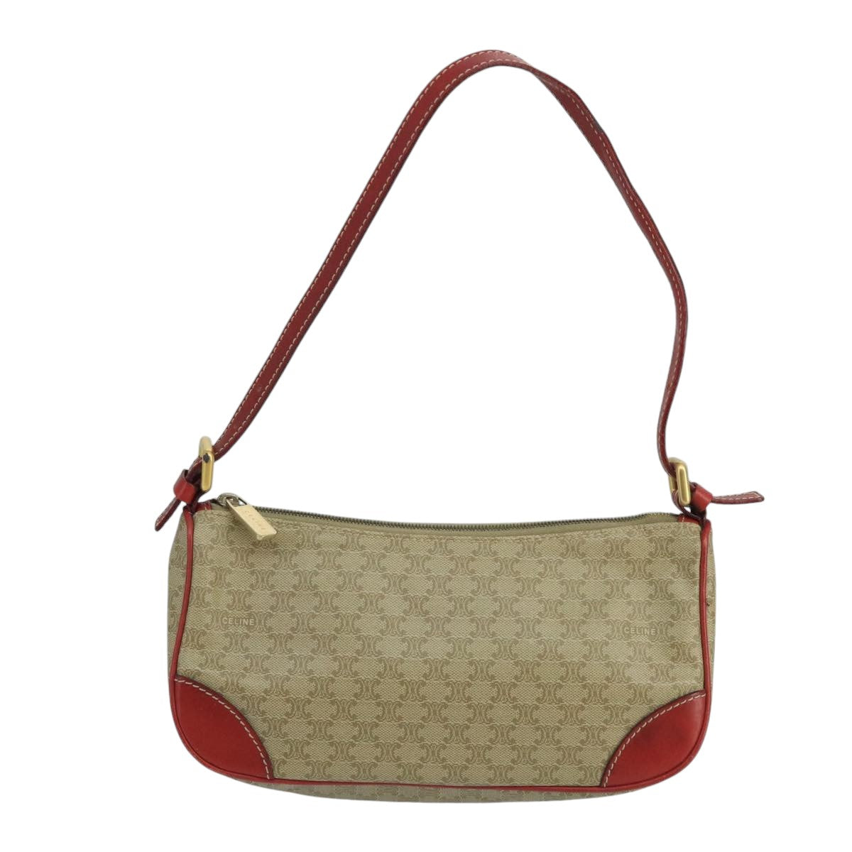 CELINE Macadam Canvas Hand Bag PVC Leather Beige Red Auth 99836