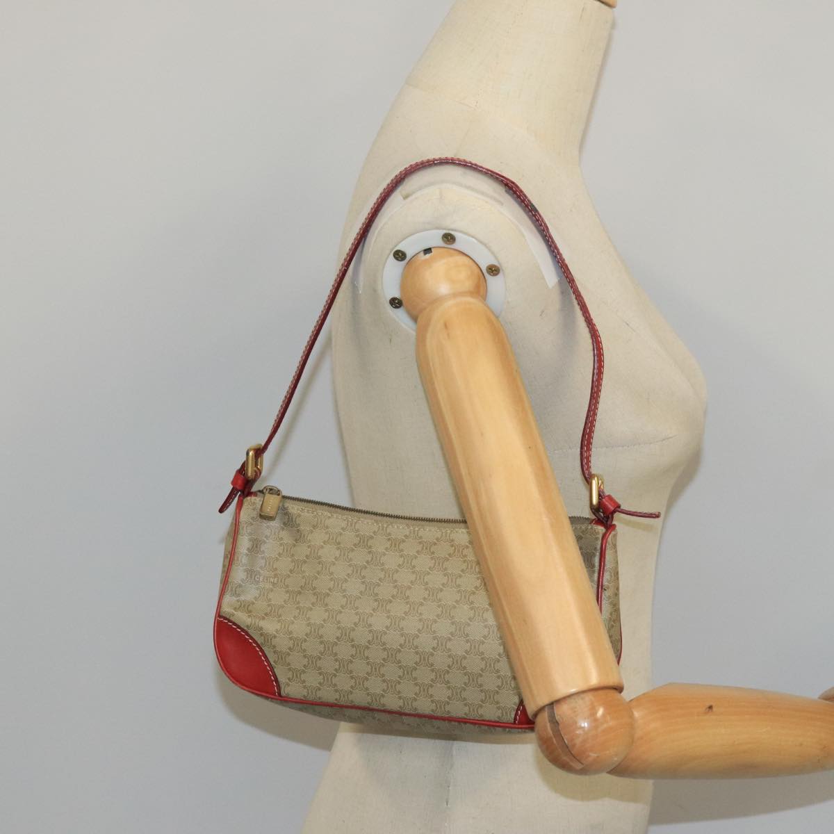 CELINE Macadam Canvas Hand Bag PVC Leather Beige Red Auth 99836