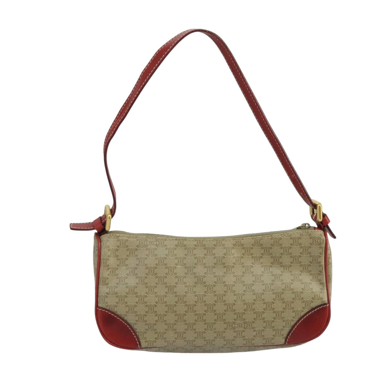 CELINE Macadam Canvas Hand Bag PVC Leather Beige Red Auth 99836 - 0