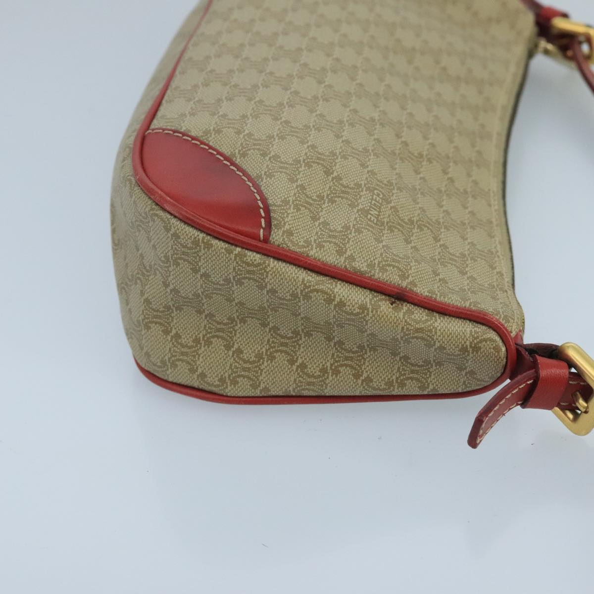 CELINE Macadam Canvas Hand Bag PVC Leather Beige Red Auth 99836