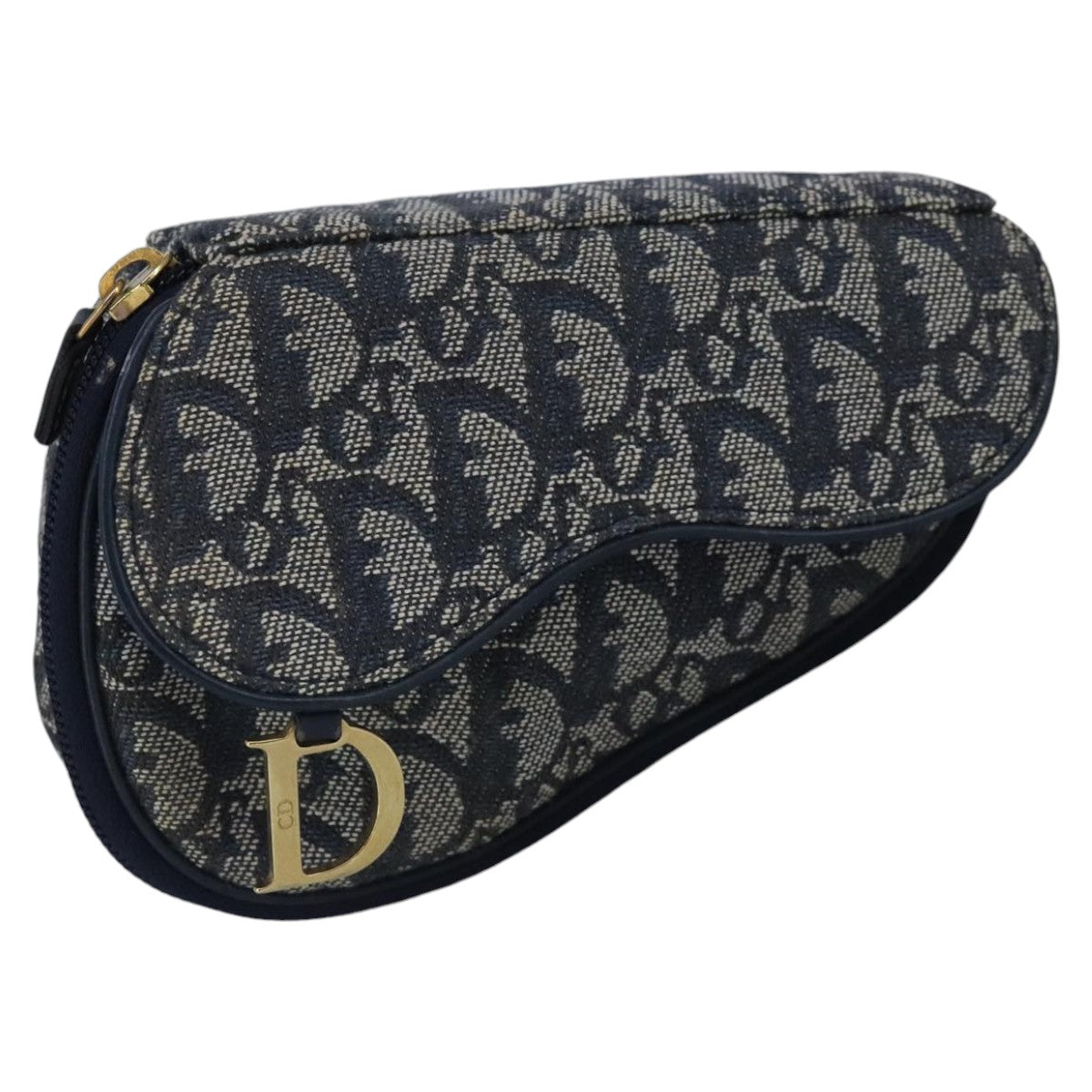 Christian Dior Trotter Canvas Saddle Pouch Navy Gold Auth 99839