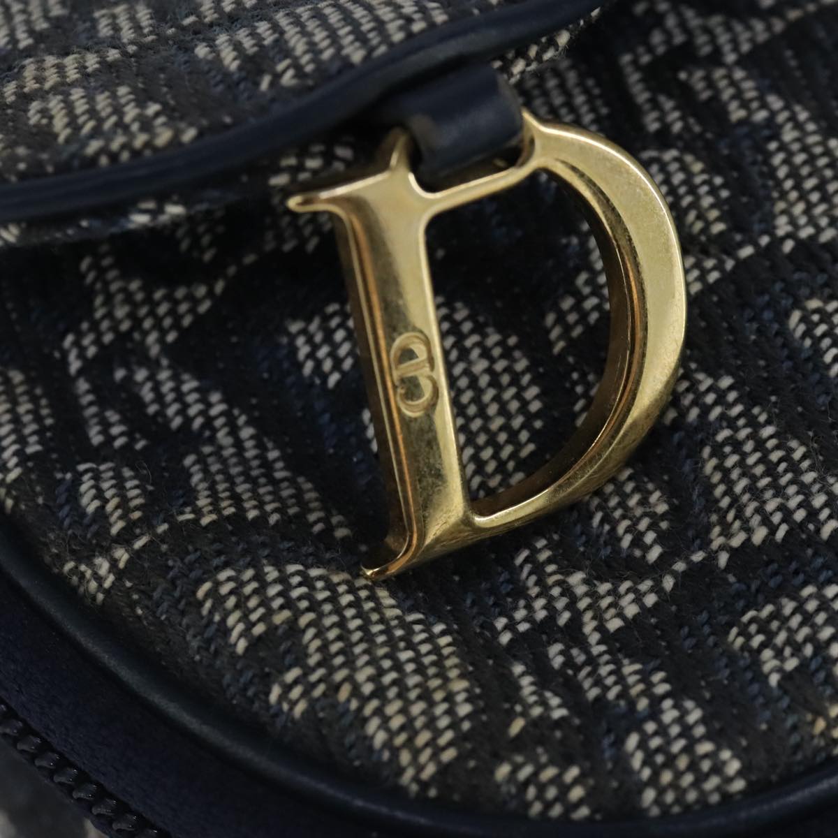 Christian Dior Trotter Canvas Saddle Pouch Navy Gold Auth 99839