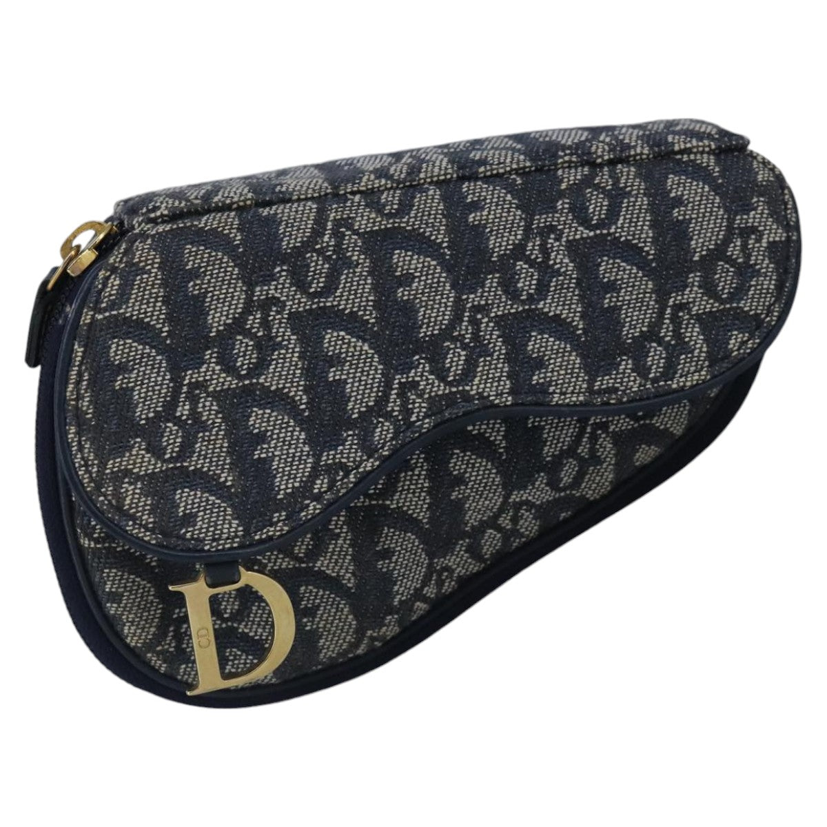 Christian Dior Trotter Canvas Saddle Pouch Navy Gold Auth 99839 - 0