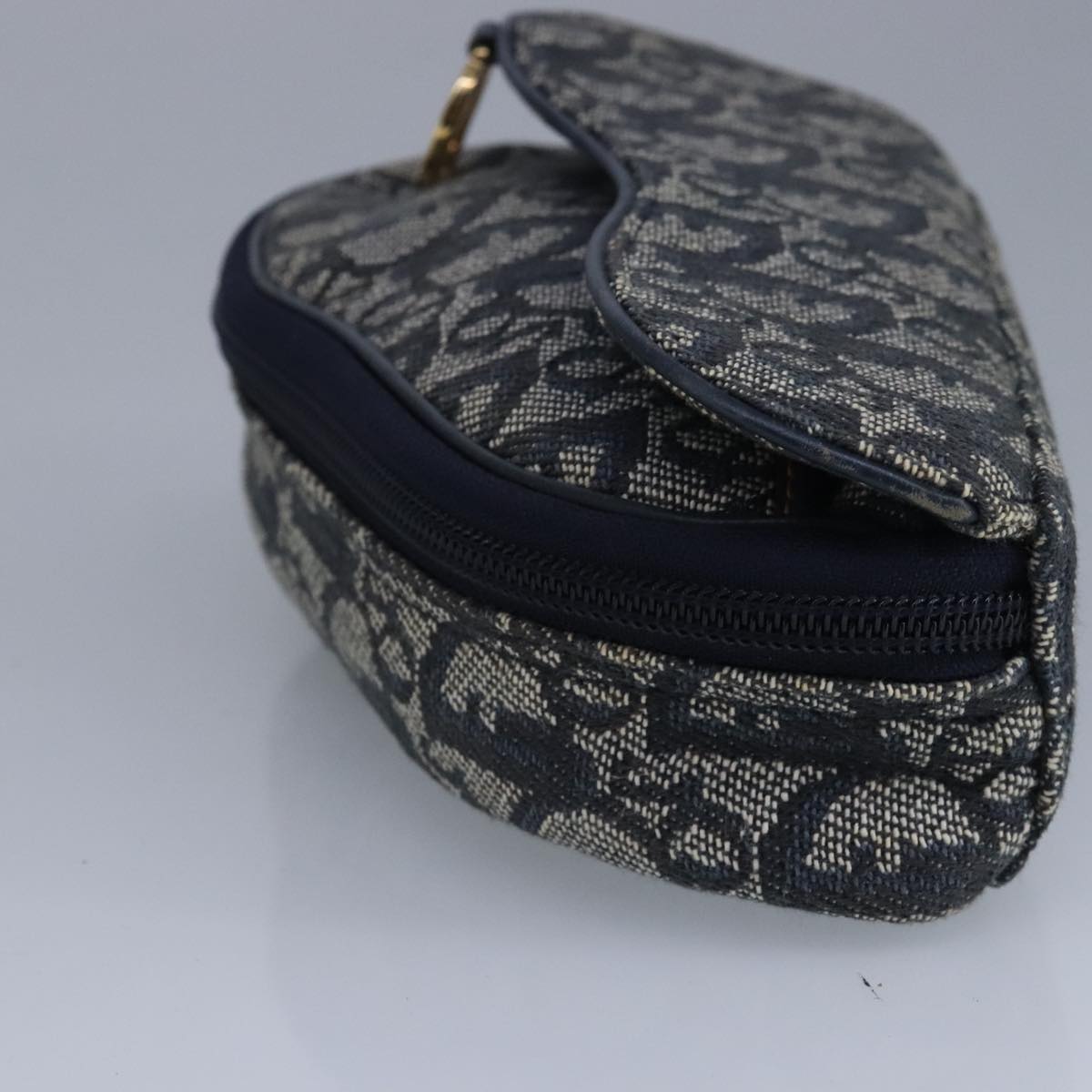 Christian Dior Trotter Canvas Saddle Pouch Navy Gold Auth 99839