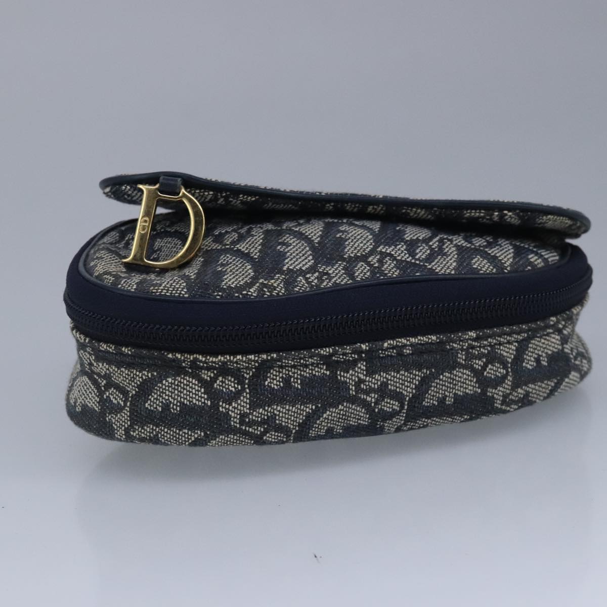 Christian Dior Trotter Canvas Saddle Pouch Navy Gold Auth 99839