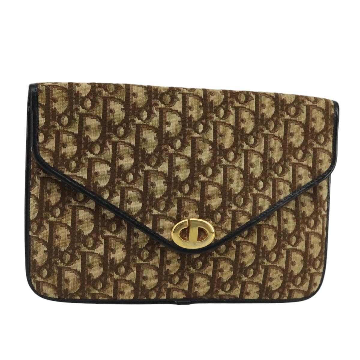 Christian Dior Trotter Canvas Clutch Bag Brown Gold Auth 99841