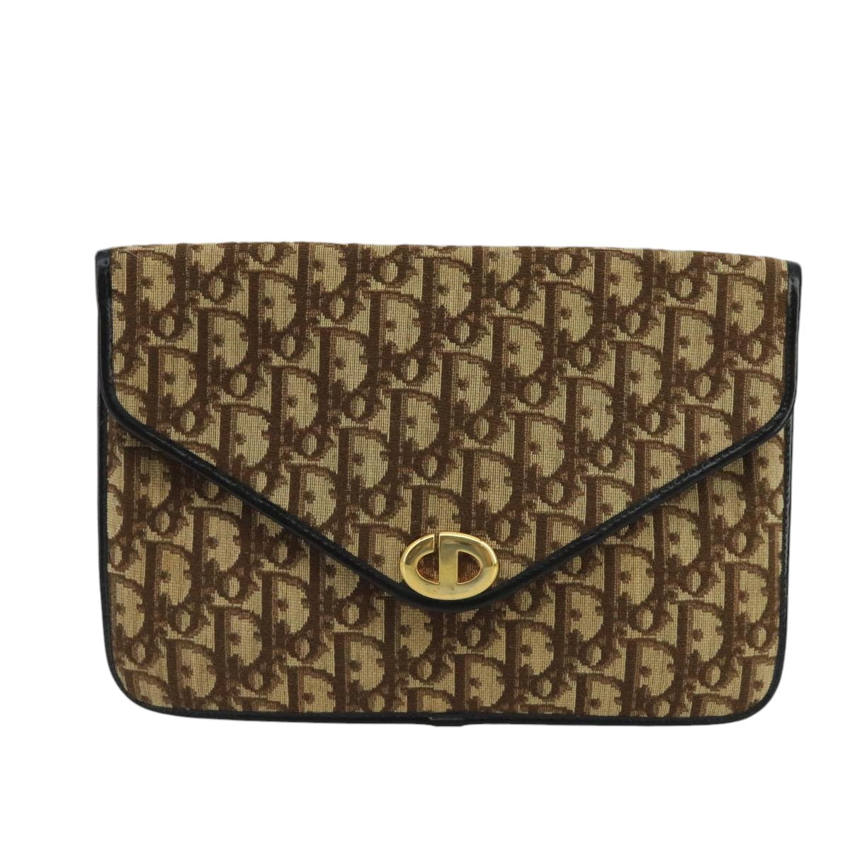 Christian Dior Trotter Canvas Clutch Bag Brown Gold Auth 99841