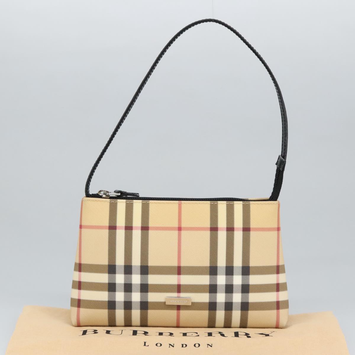 BURBERRY Nova Check Accessory Pouch PVC Beige Silver Auth 99844