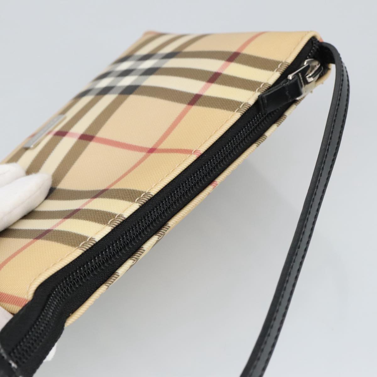 BURBERRY Nova Check Accessory Pouch PVC Beige Silver Auth 99844