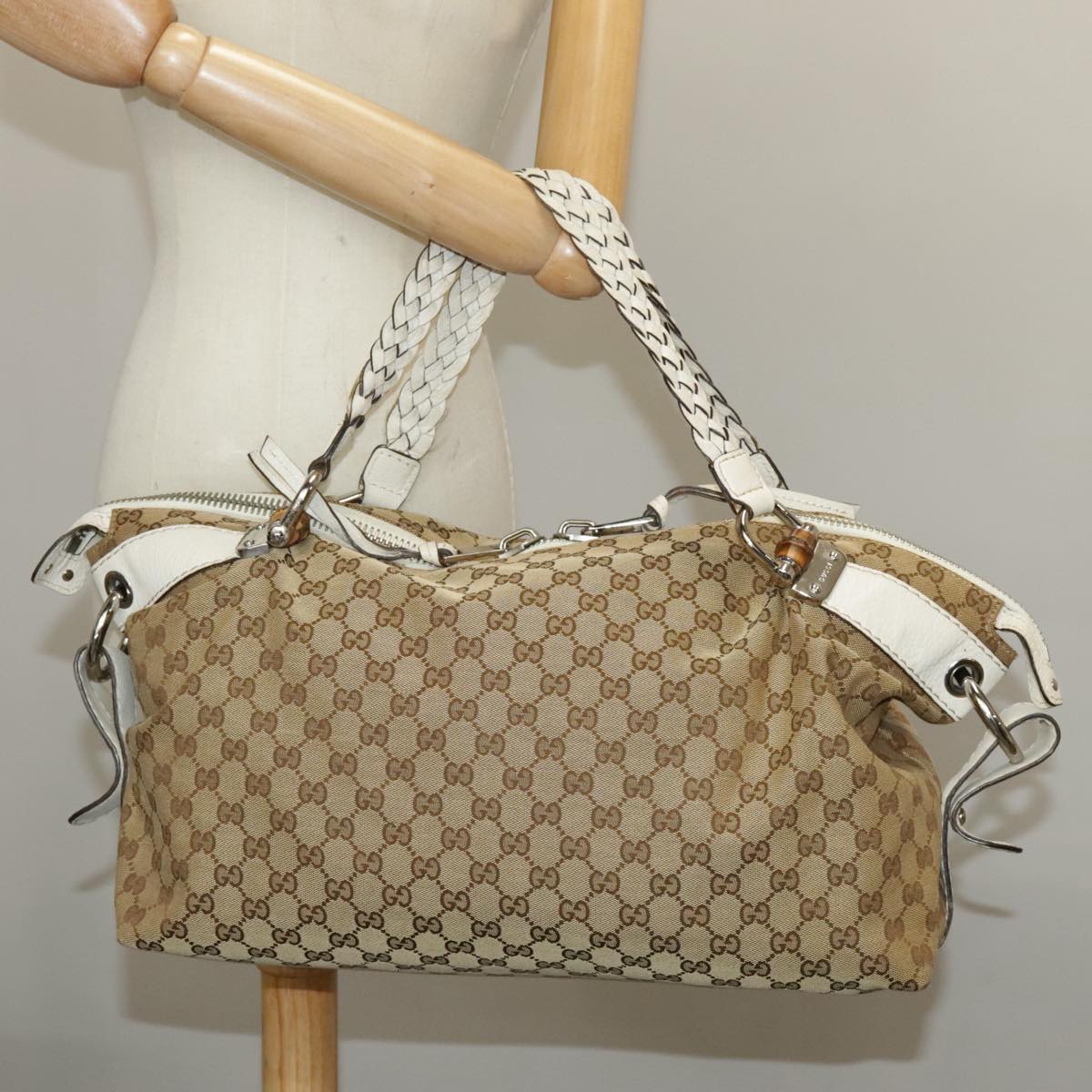 GUCCI GG Canvas Tote Bag Silver Beige 232959 Auth 99848