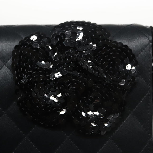 CHANEL Matelasse Sequin Flower Shoulder Bag Satin Black CC Auth 99855V