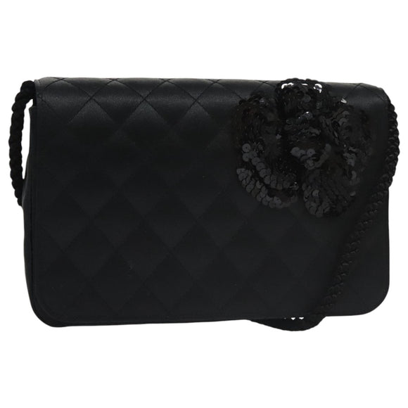 CHANEL Matelasse Sequin Flower Shoulder Bag Satin Black CC Auth 99855V