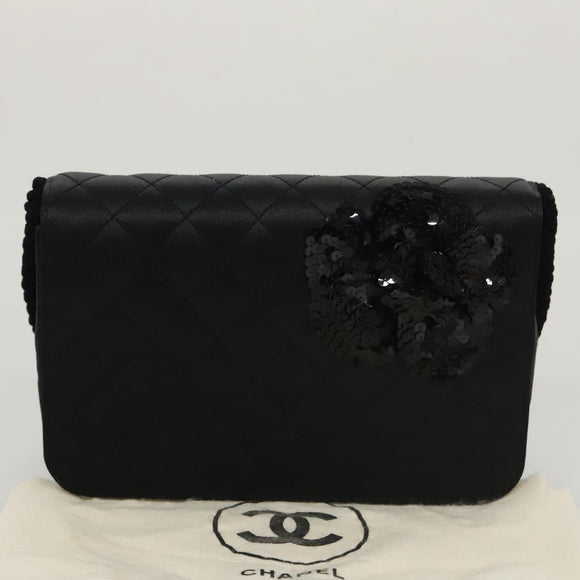 CHANEL Matelasse Sequin Flower Shoulder Bag Satin Black CC Auth 99855V