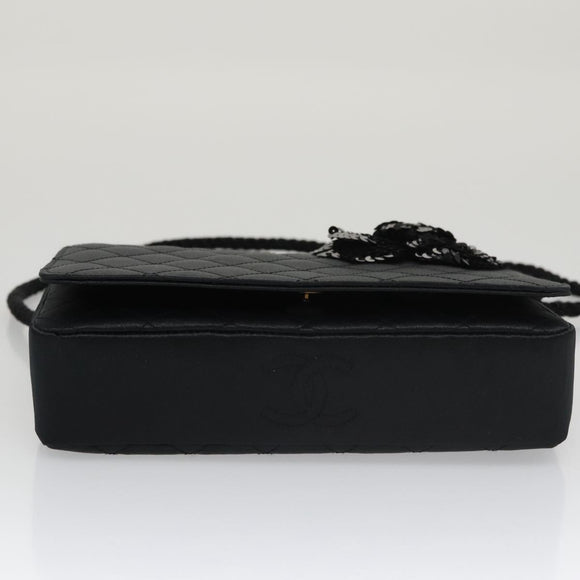 CHANEL Matelasse Sequin Flower Shoulder Bag Satin Black CC Auth 99855V