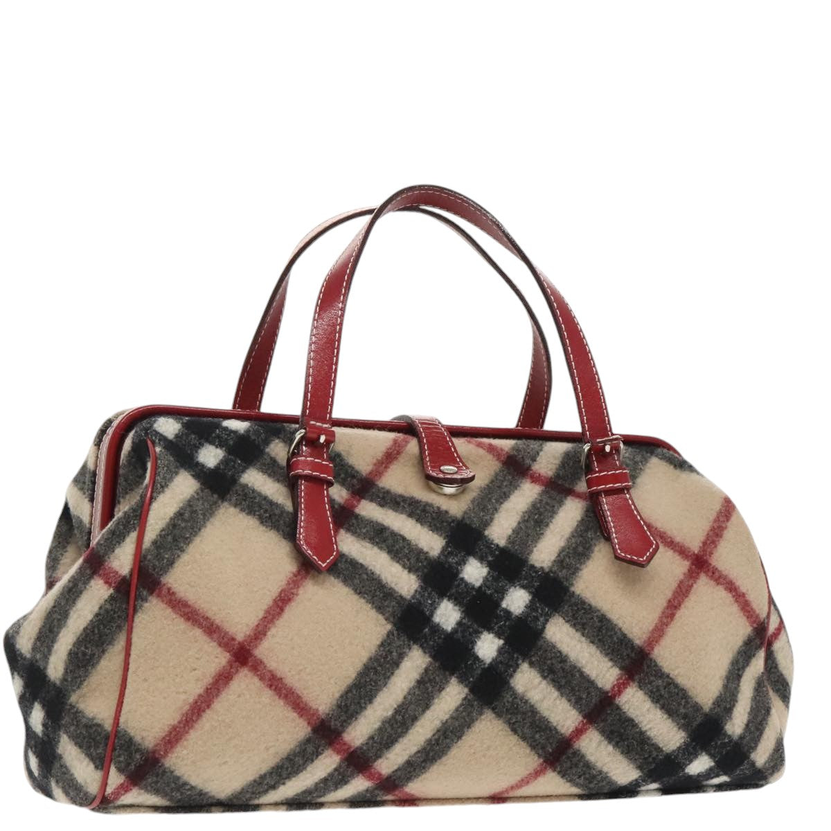 BURBERRY Nova Check Hand Bag Wool Leather Beige Red Auth 99864