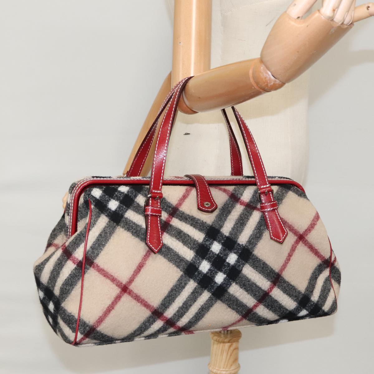 BURBERRY Nova Check Hand Bag Wool Leather Beige Red Auth 99864