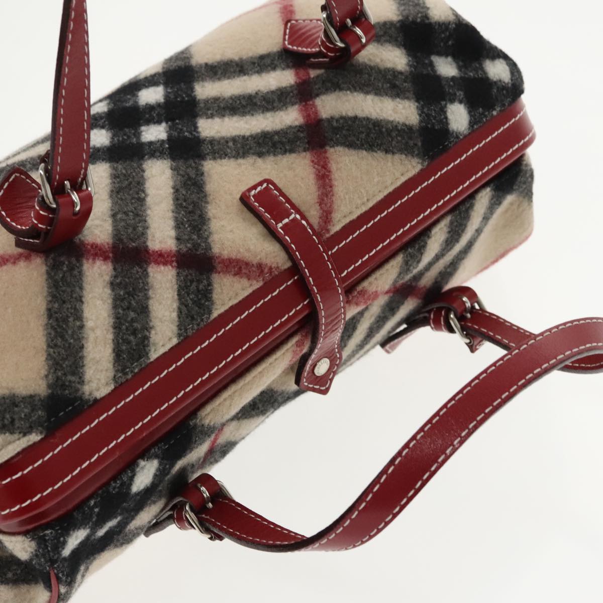 BURBERRY Nova Check Hand Bag Wool Leather Beige Red Auth 99864