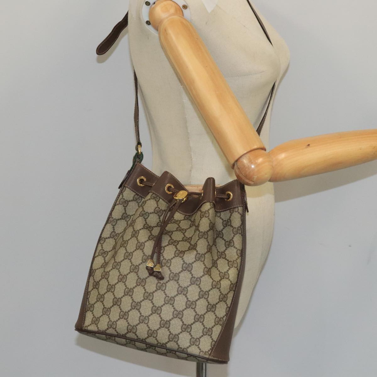 GUCCI GG Supreme Web Sherry Line Shoulder Bag PVC Beige Auth 99873