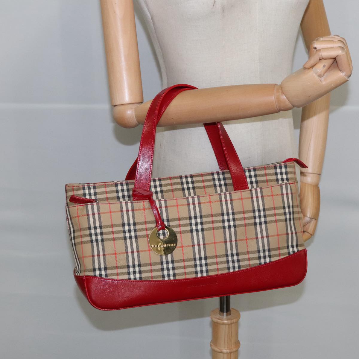 BURBERRY Nova Check Hand Bag Canvas Leather Beige Red Auth 99888