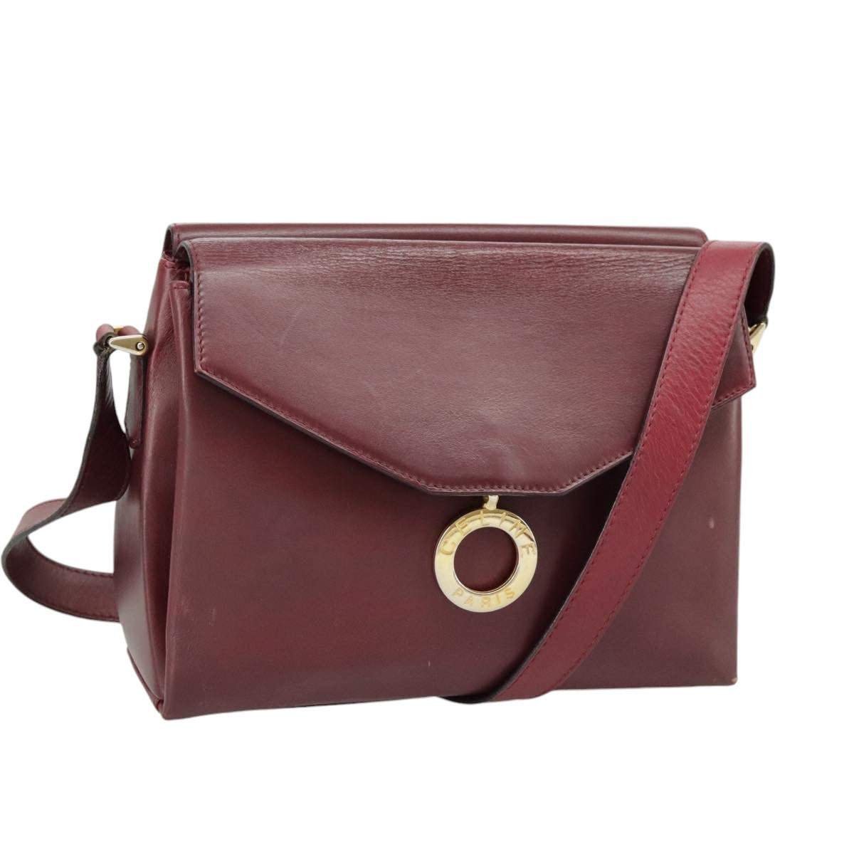 CELINE Shoulder Bag Leather Wine Red Gold Auth 99890