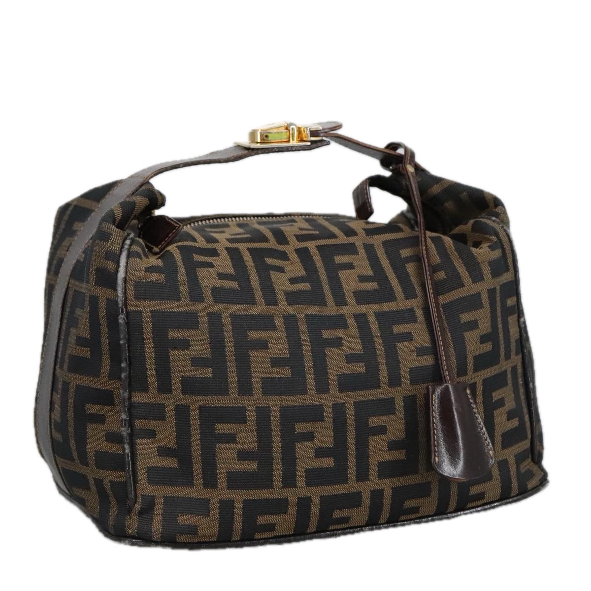 FENDI Zucca Canvas Vanity Pouch Brown Black gold Auth 99900