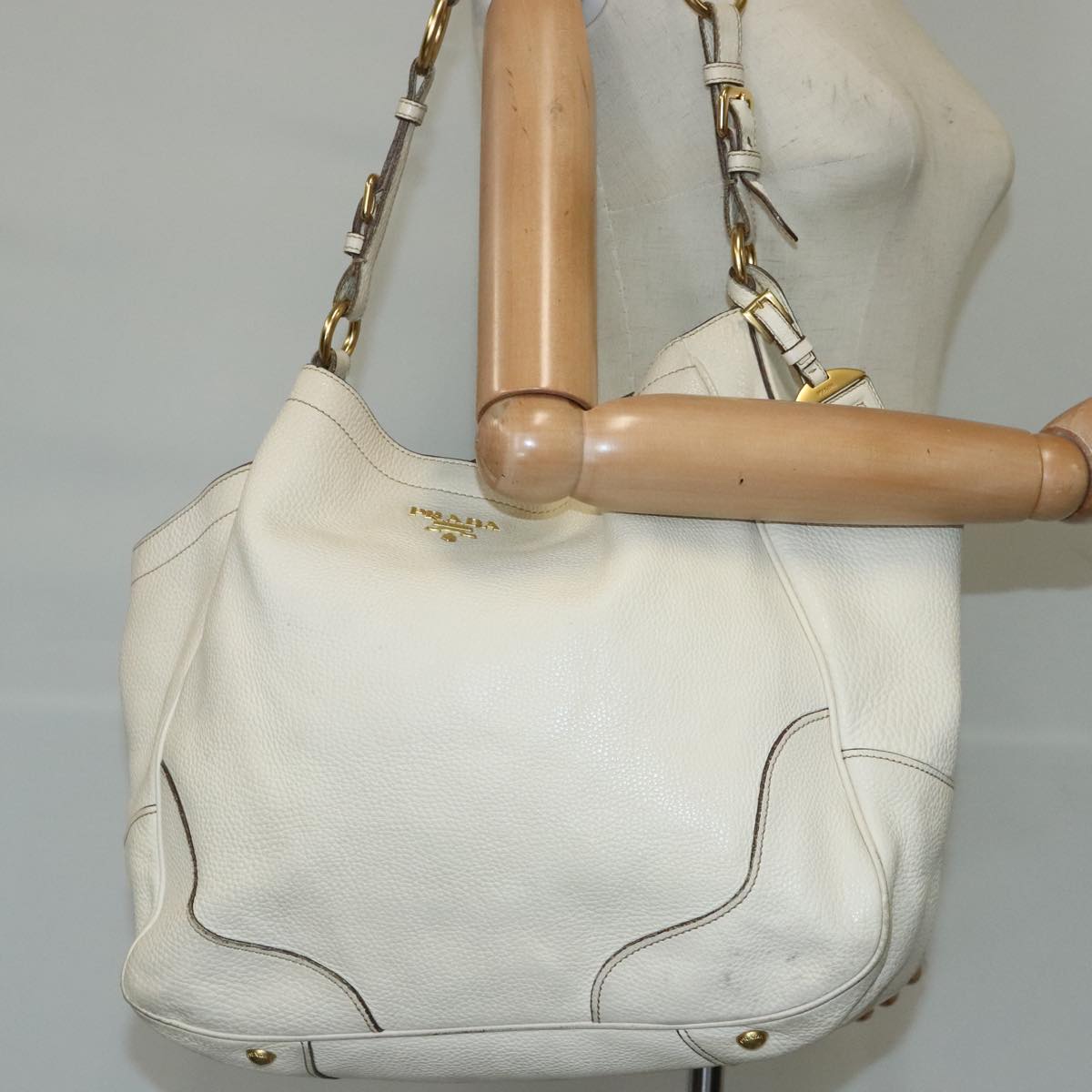 PRADA Shoulder Bag Leather White Gold Auth 99904