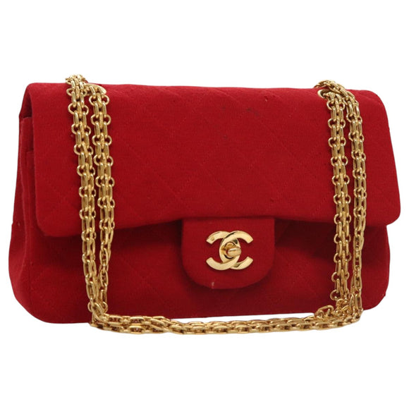 CHANEL Matelasse Chain Shoulder Bag Cotton Red Gold CC Auth 99908