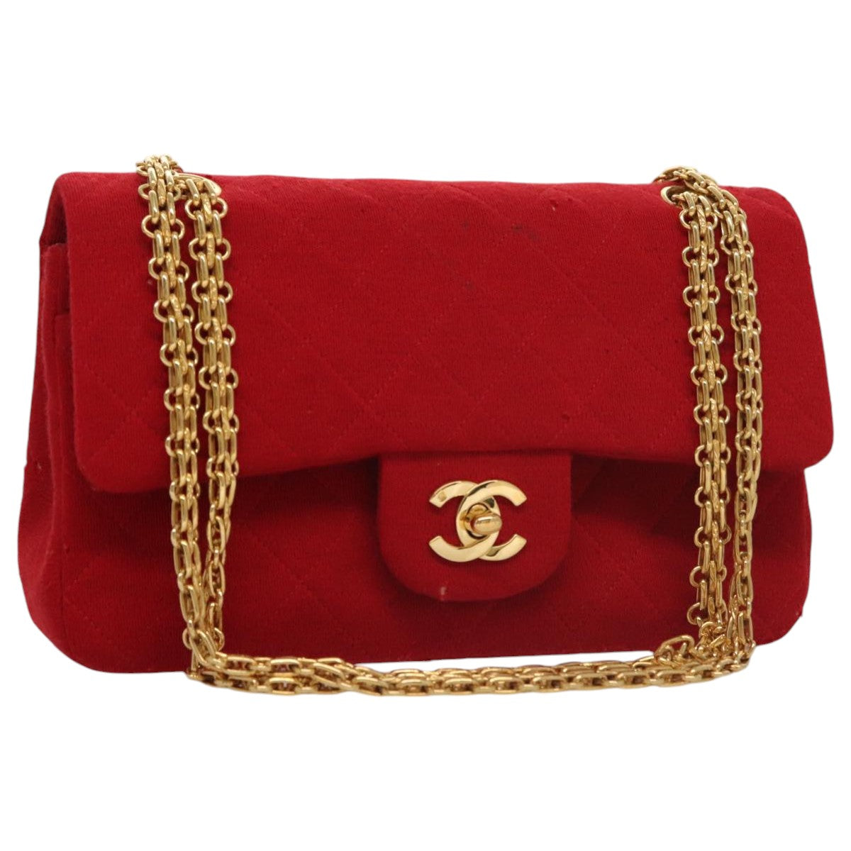 CHANEL Matelasse 23 Chain Shoulder Bag Cotton Red Gold CC Auth 