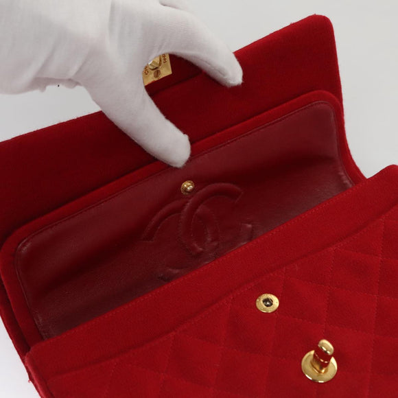 CHANEL Matelasse Chain Shoulder Bag Cotton Red Gold CC Auth 99908