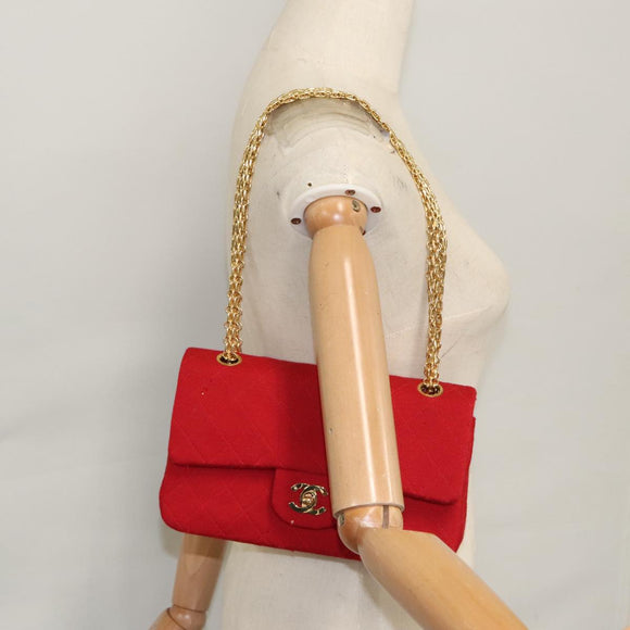 CHANEL Matelasse Chain Shoulder Bag Cotton Red Gold CC Auth 99908