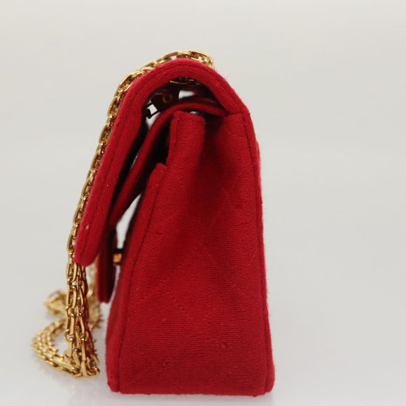 CHANEL Matelasse Chain Shoulder Bag Cotton Red Gold CC Auth 99908