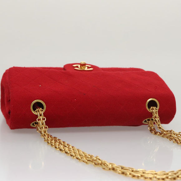CHANEL Matelasse Chain Shoulder Bag Cotton Red Gold CC Auth 99908