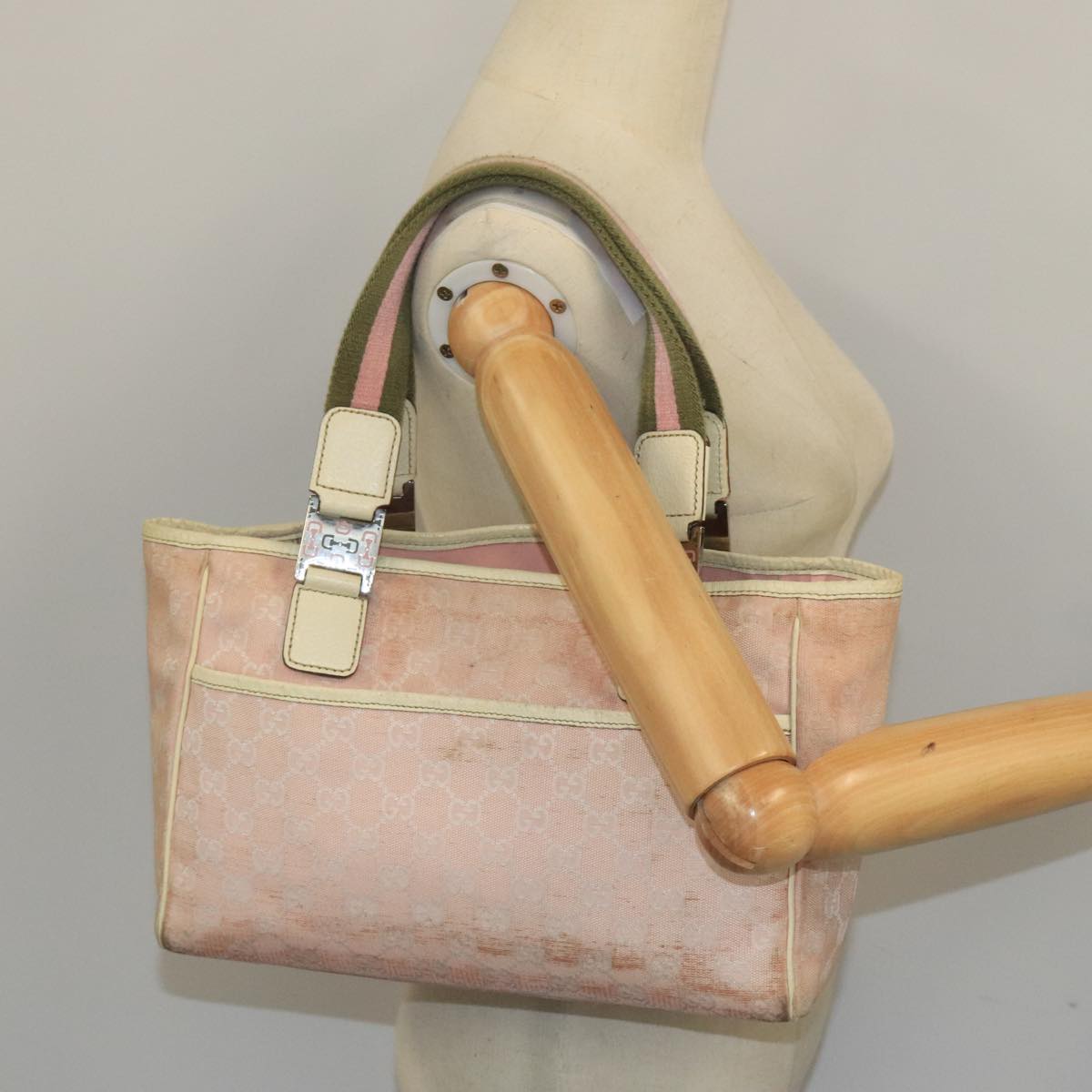 GUCCI GG Canvas Sherry Line Hand Bag Pink Green Auth 99914