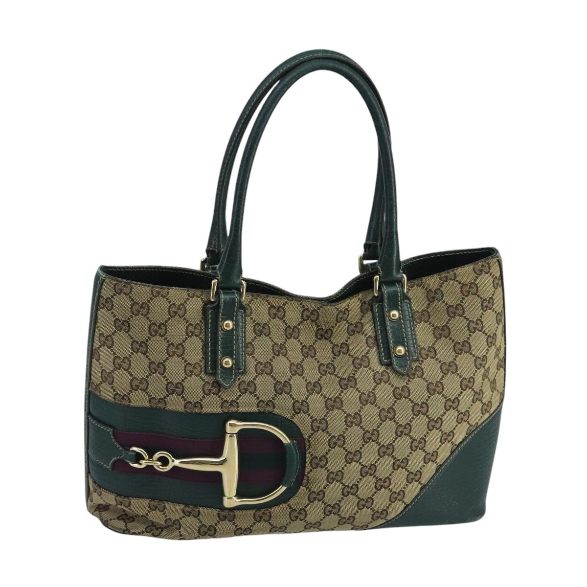 GUCCI GG Canvas Sherry Line Hand Bag Beige Green Auth 99917